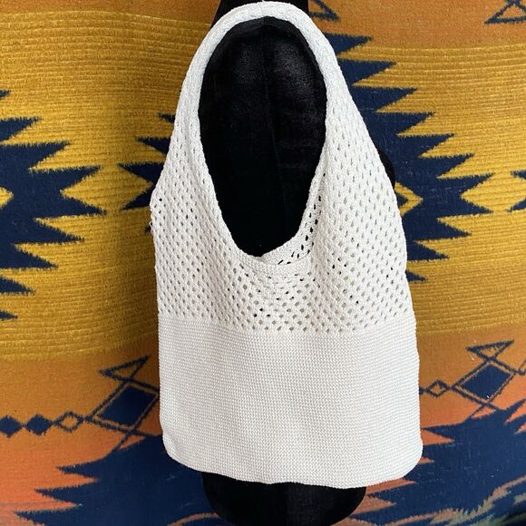Y2K Knit Crochet Shoulder Bag. White. Boho Hippie Festival. 19”x15”. Summer. - Picture 2 of 7